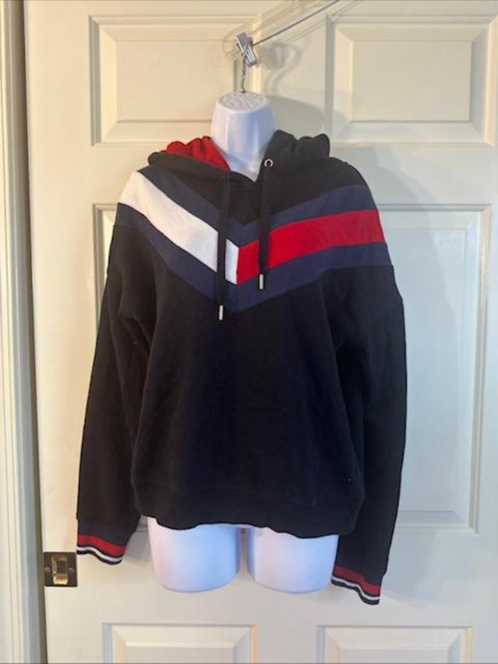 * Tommy Hilfiger Sport Navy Pullover Hoodie Color Block Chevron Women's XL